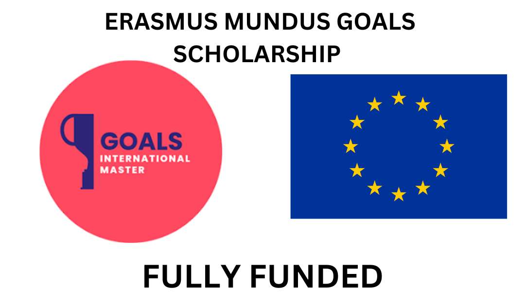 GOALS logo on left and Europe logo on right side showing top heading scholarship in Europe and Fully Funded at the bottom